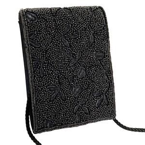 Vintage black beaded evening bag dressy satin clutch purse retro 1990's mini